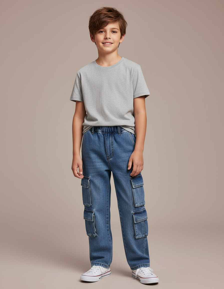 Pantalon Cargo Denim Bleu Ample Garçon Poches Multiples - Jean