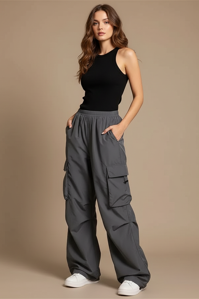 Pantalon Cargo Femme Ample Gris Coton Décontracté - Polyester