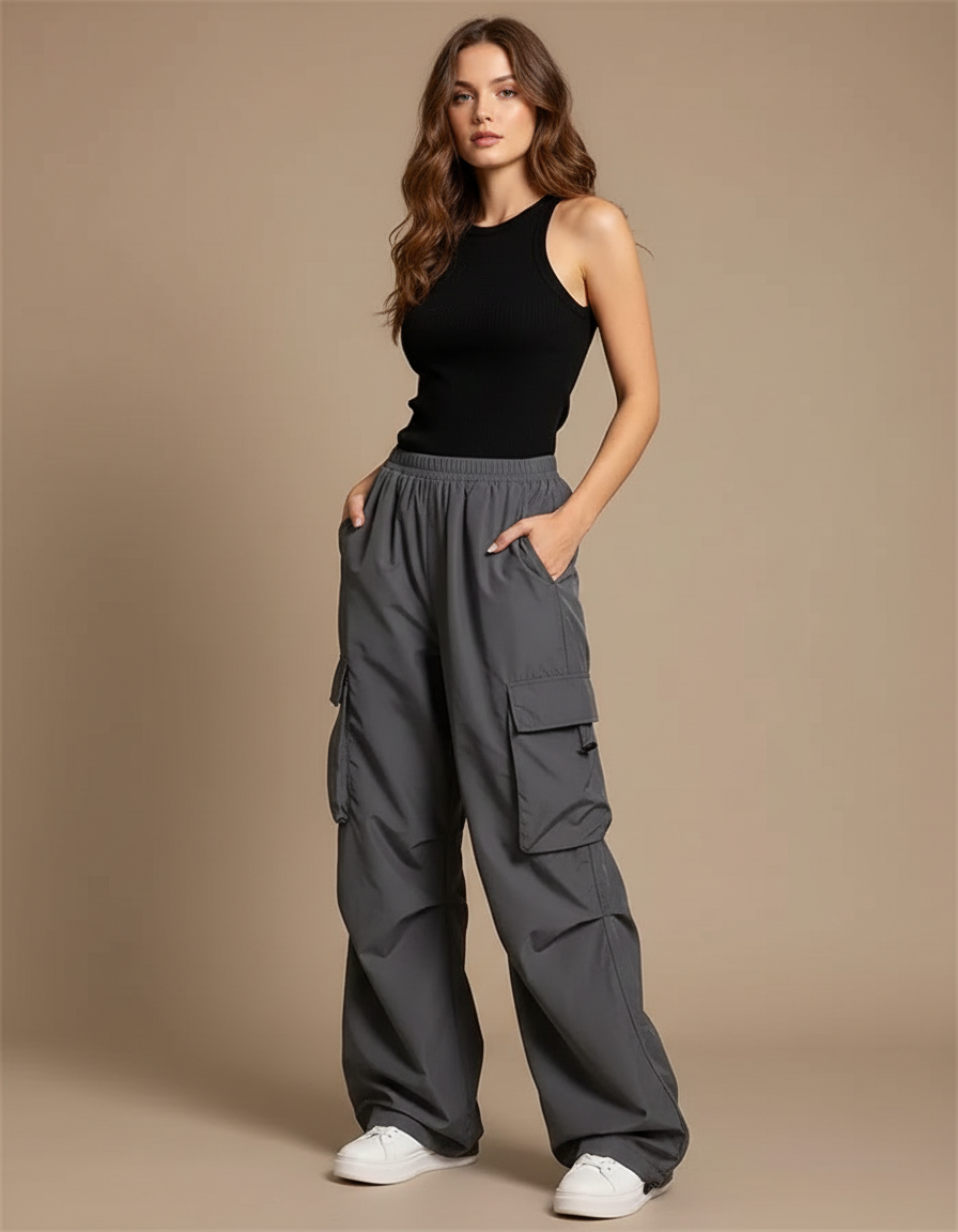 Pantalon Cargo Femme Ample Gris Coton Décontracté - Polyester