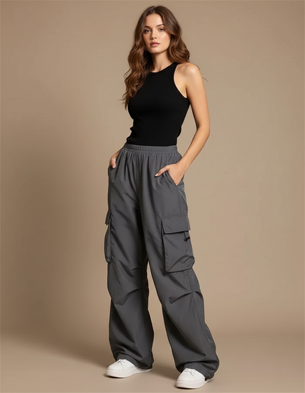 Pantalon Cargo Femme Ample Gris Coton Décontracté - Polyester