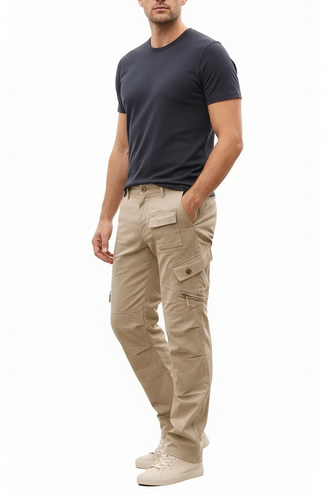 Pantalon Cargo Beige Coton Multipoches Zippées Décontracté Homme
