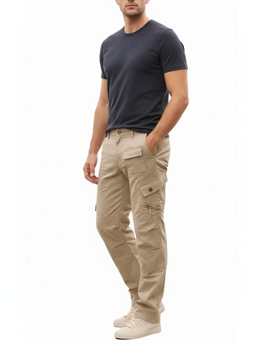 Pantalon Cargo Beige Coton Multipoches Zippées Décontracté Homme