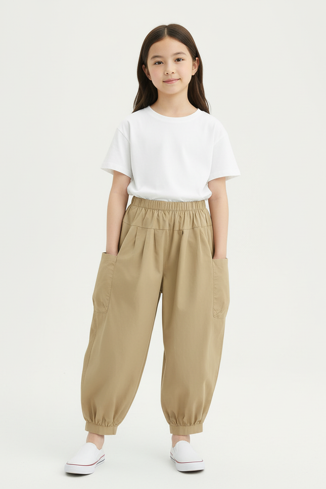 Pantalon Cargo Beige Décontracté Ample Enfant Coton