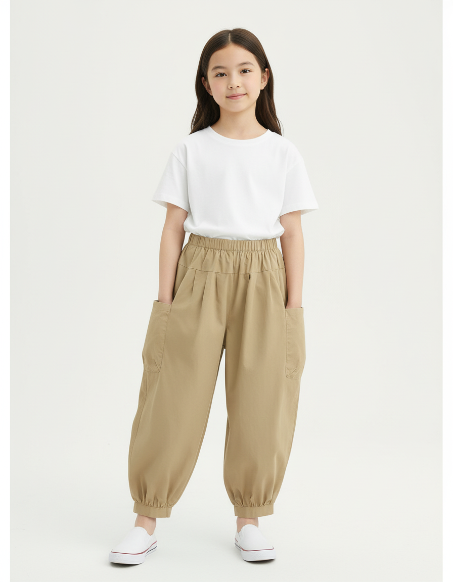 Pantalon Cargo Beige Décontracté Ample Enfant Coton