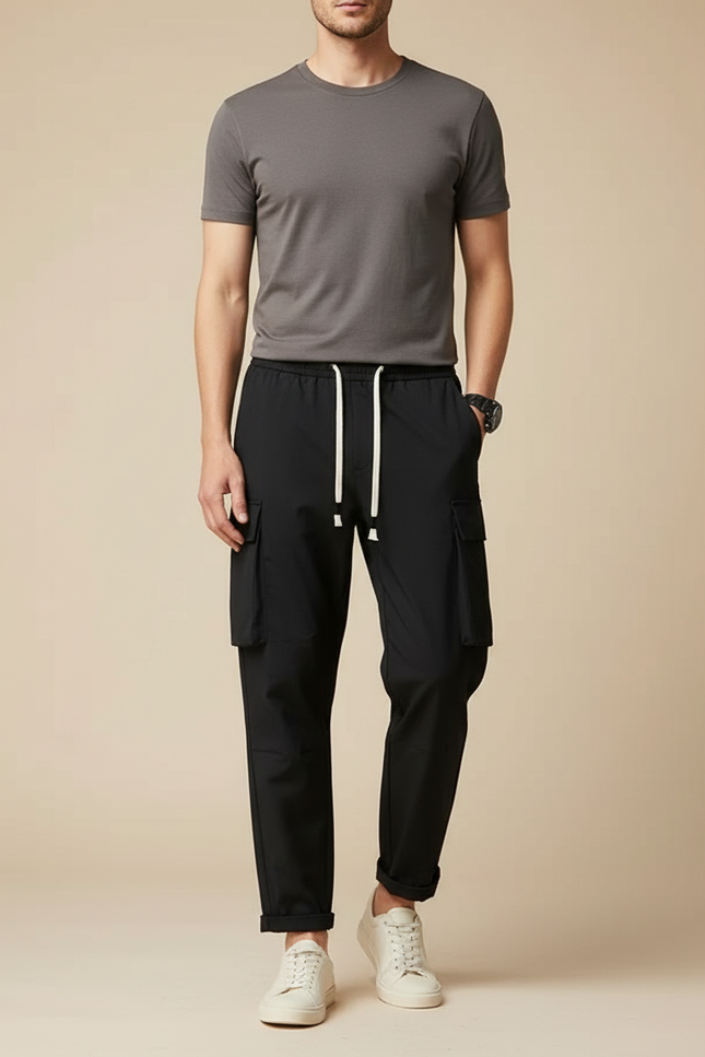 Pantalon Cargo Noir Décontracté Ample Homme - Polyester
