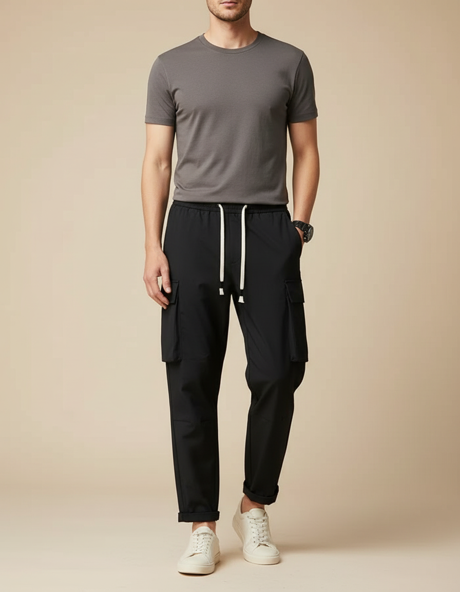 Pantalon Cargo Noir Décontracté Ample Homme - Polyester