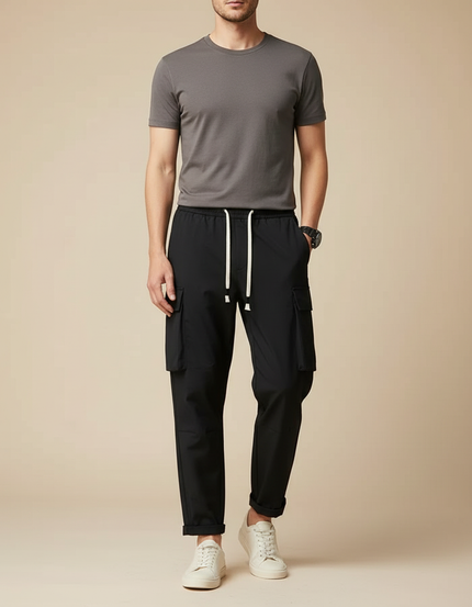 Pantalon Cargo Noir Décontracté Ample Homme - Polyester
