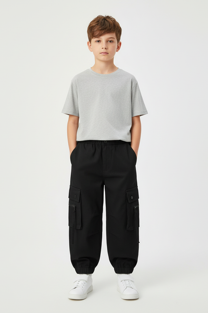 Pantalon Cargo Noir Ample Décontracté Garçon - Gabardine