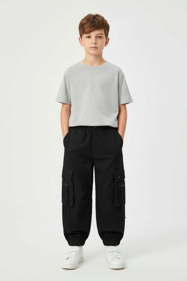 Pantalon Cargo Noir Ample Décontracté Garçon - Gabardine