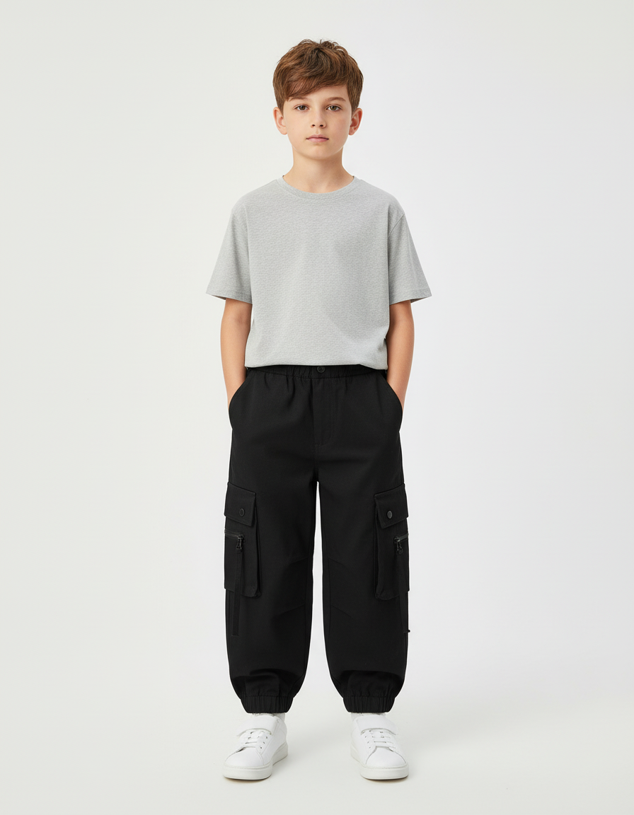 Pantalon Cargo Noir Ample Décontracté Garçon - Gabardine