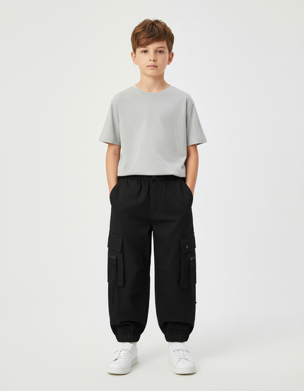 Pantalon Cargo Noir Ample Décontracté Garçon - Gabardine
