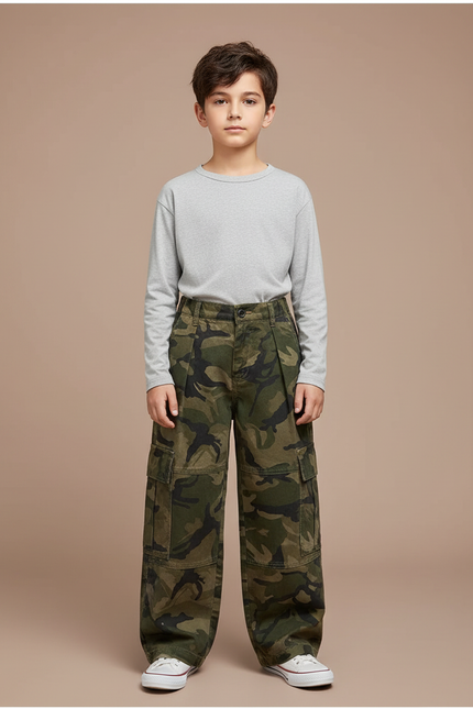 Pantalon Cargo Camouflage Ample Garçon Multipoches Décontracté - Kaki Toile