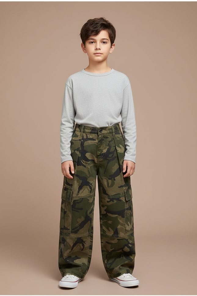 Pantalon Cargo Camouflage Ample Garçon Multipoches Décontracté - Kaki Toile
