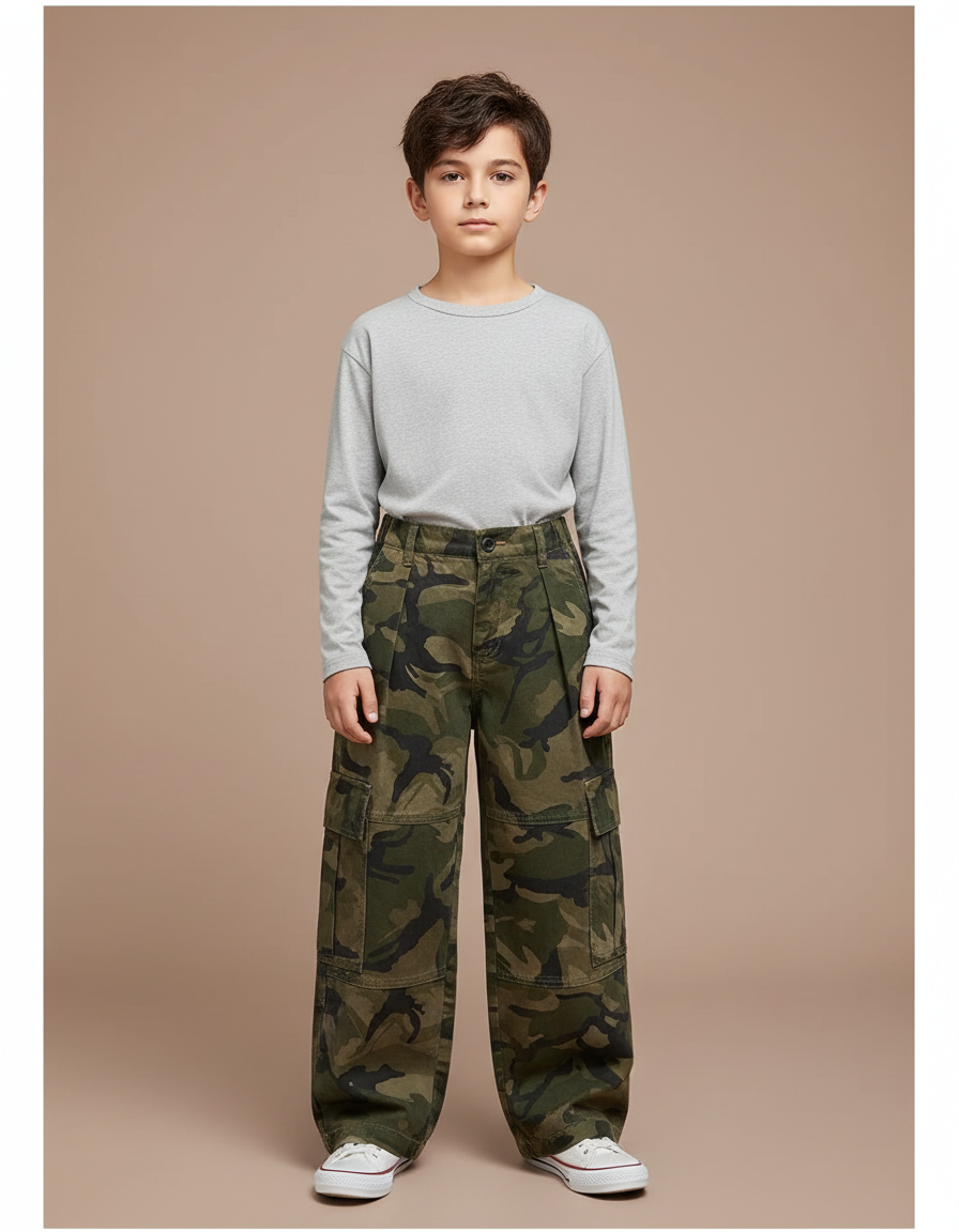 Pantalon Cargo Camouflage Ample Garçon Multipoches Décontracté - Kaki Toile
