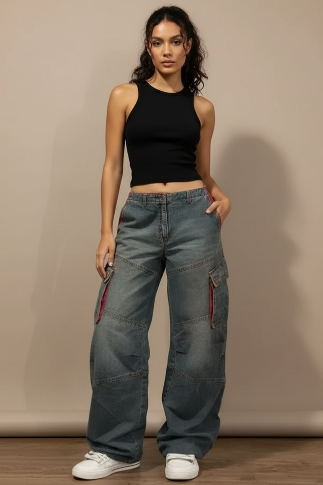 Pantalon Cargo Baggy Denim Vintage Multipoches Femme - Bleu Jean