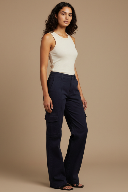 Pantalon Cargo Bleu Marine Ample Taille Haute Femme - Toile