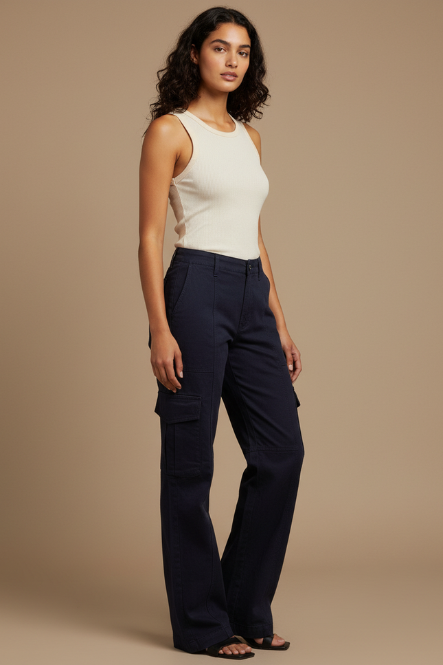 Pantalon Cargo Bleu Marine Ample Taille Haute Femme - Toile