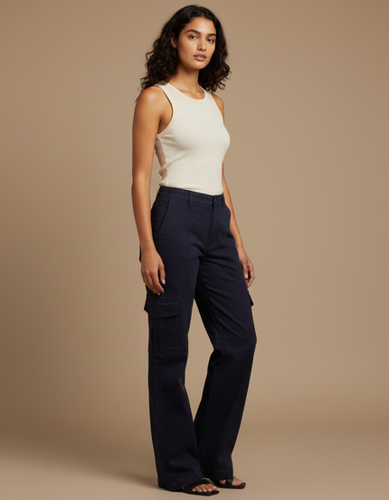 Pantalon Cargo Bleu Marine Ample Taille Haute Femme - Toile