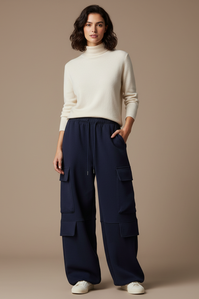 Pantalon Cargo Bleu Marine Ample Coton Multipoches Femme - Molleton