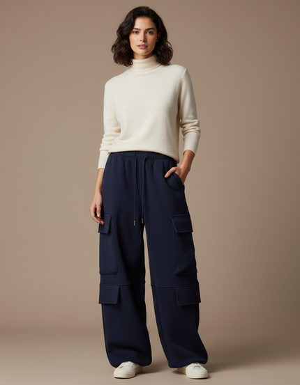Pantalon Cargo Bleu Marine Ample Coton Multipoches Femme - Molleton
