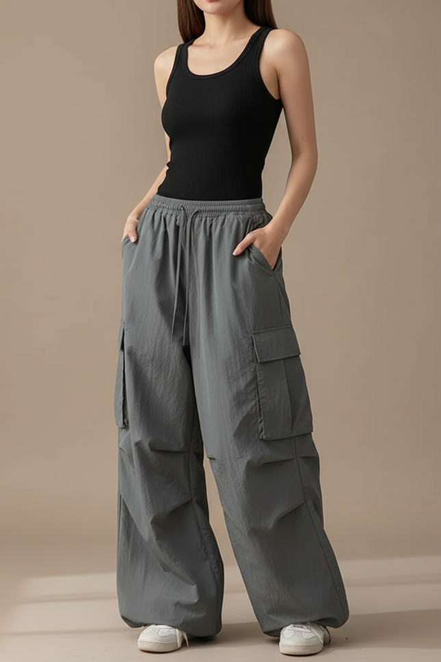 Pantalon Cargo Gris Ample Fluide Multipoches Femme - Polyester