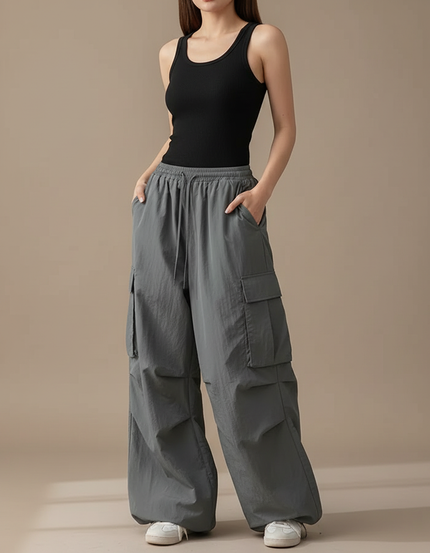 Pantalon Cargo Gris Ample Fluide Multipoches Femme - Polyester