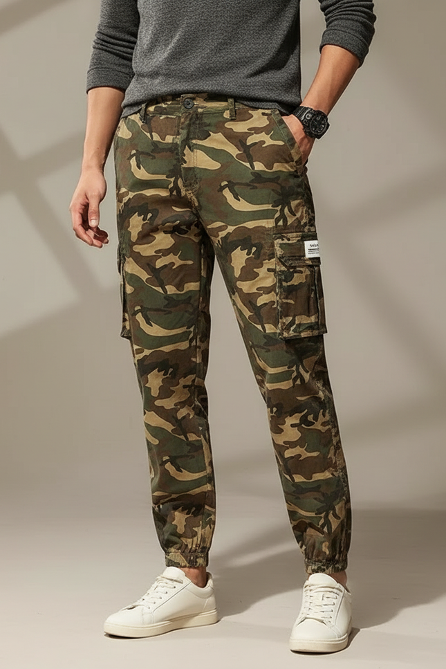 Pantalon Cargo Camouflage Coton Ample Multipoches Jogger - Kaki