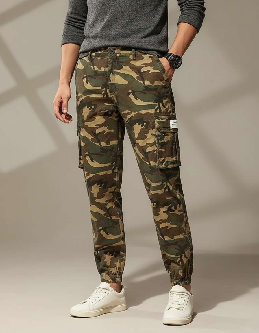 Pantalon Cargo Camouflage Coton Ample Multipoches Jogger - Kaki