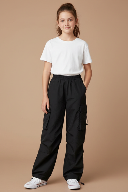 Pantalon Cargo Noir Ample Fille Décontracté Poches - Polyester
