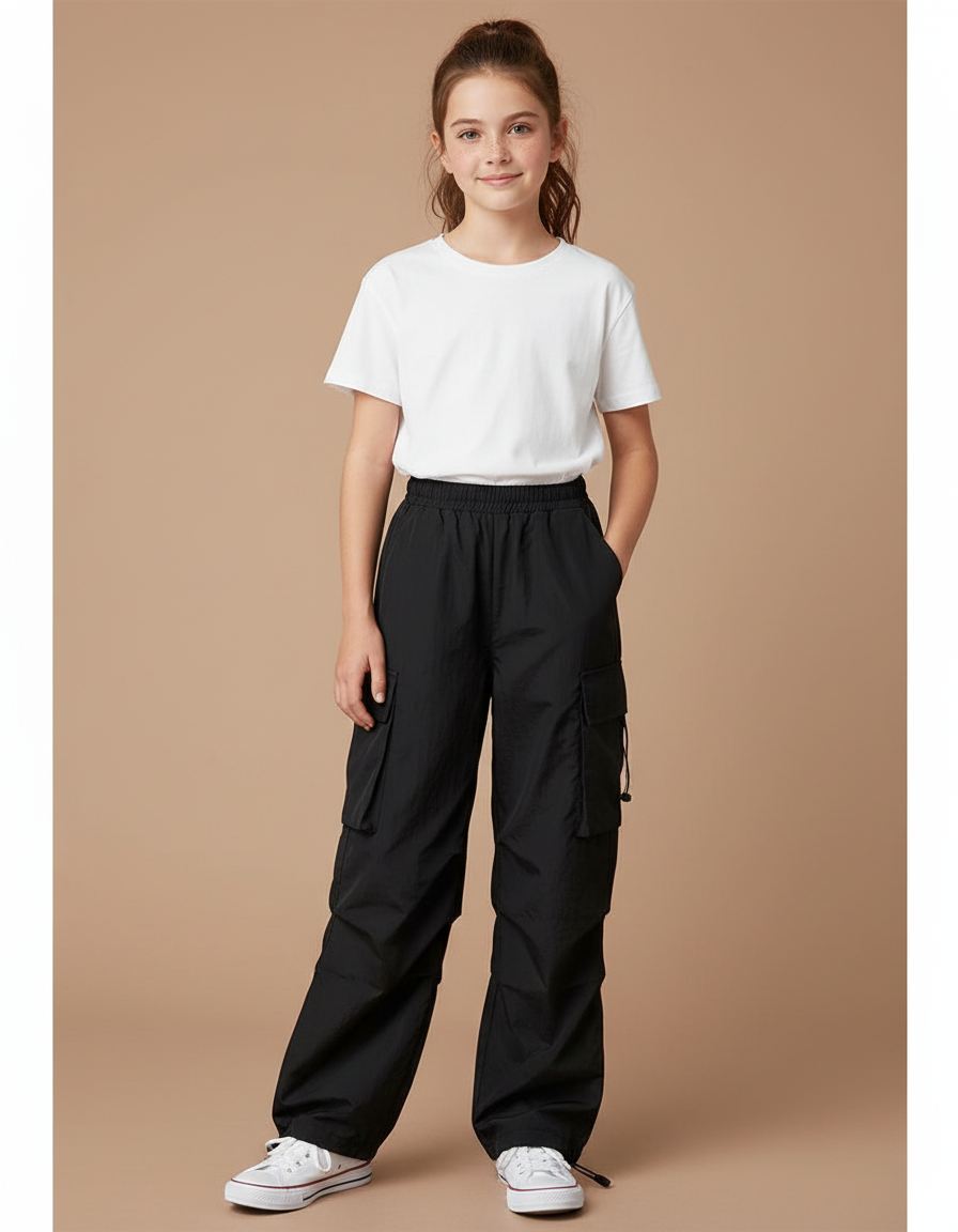 Pantalon Cargo Noir Ample Fille Décontracté Poches - Polyester