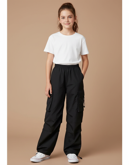 Pantalon Cargo Noir Ample Fille Décontracté Poches - Polyester