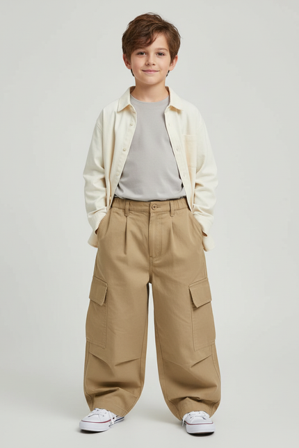 Pantalon Cargo Beige Ample Multipoches Garçon Décontracté - Toile