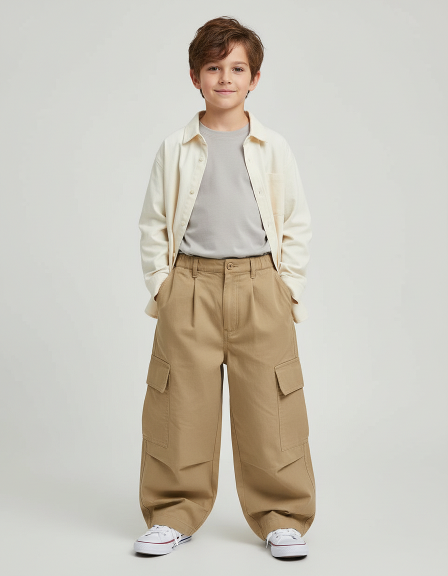 Pantalon Cargo Beige Ample Multipoches Garçon Décontracté - Toile