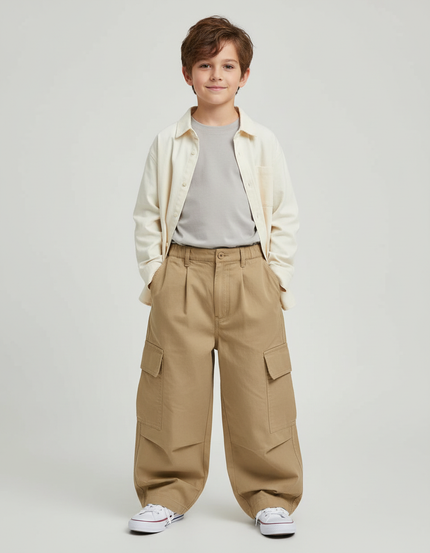 Pantalon Cargo Beige Ample Multipoches Garçon Décontracté - Toile
