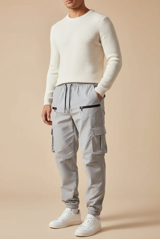 Pantalon Cargo Gris Cordon Multipoches Zippé Homme - Polyester