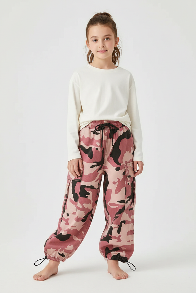 Pantalon Cargo Camouflage Rose Ample Fille - Toile