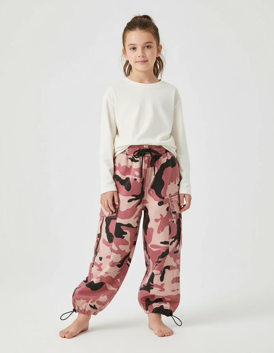 Pantalon Cargo Camouflage Rose Ample Fille - Toile