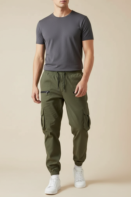 Pantalon Cargo Kaki Ample Coton Multipoches Décontracté