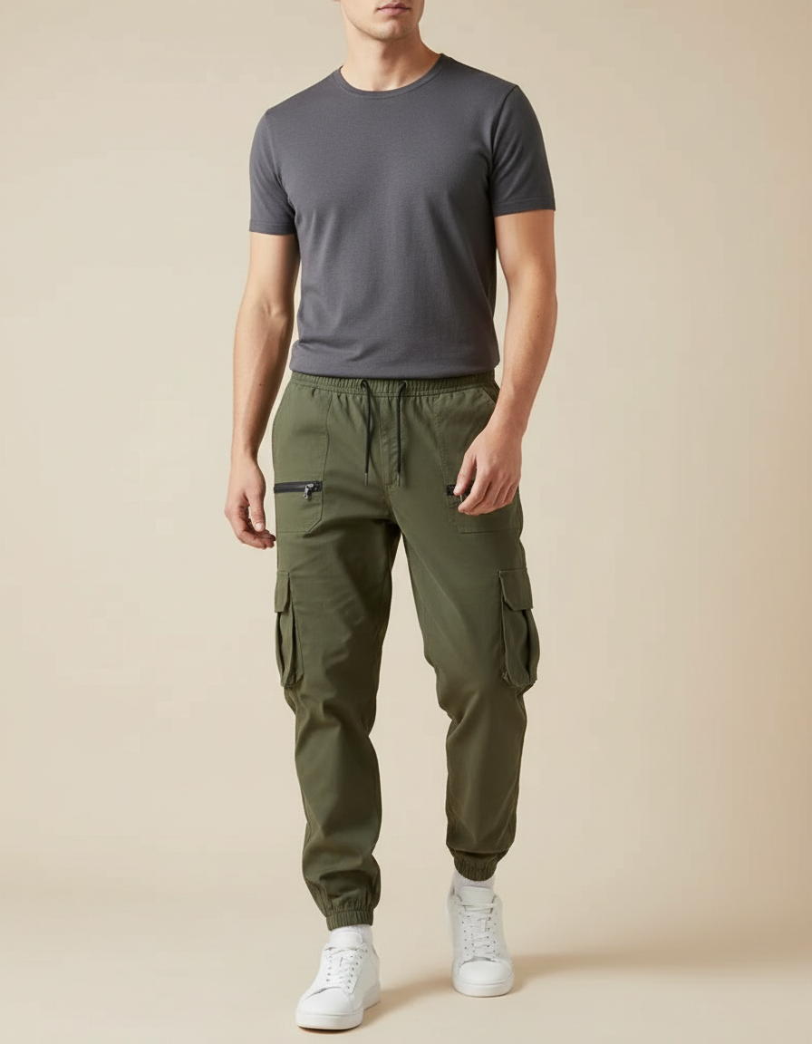 Pantalon Cargo Kaki Ample Coton Multipoches Décontracté
