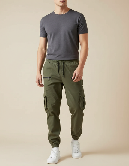 Pantalon Cargo Kaki Ample Coton Multipoches Décontracté
