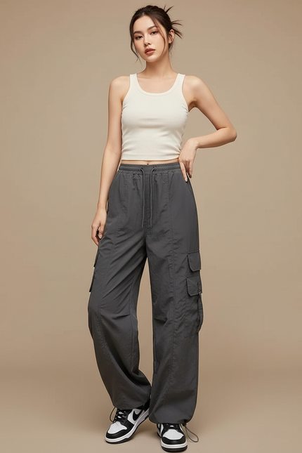 Pantalon Cargo Gris Ample Décontracté Streetwear Femme - Polyester