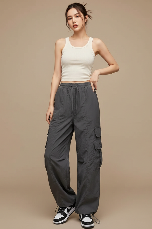 Pantalon Cargo Gris Ample Décontracté Streetwear Femme - Polyester