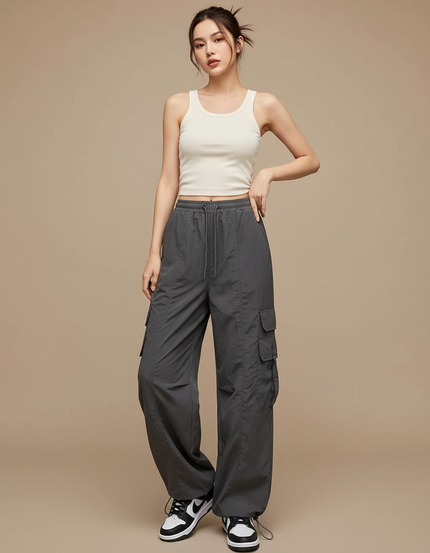 Pantalon Cargo Gris Ample Décontracté Streetwear Femme - Polyester