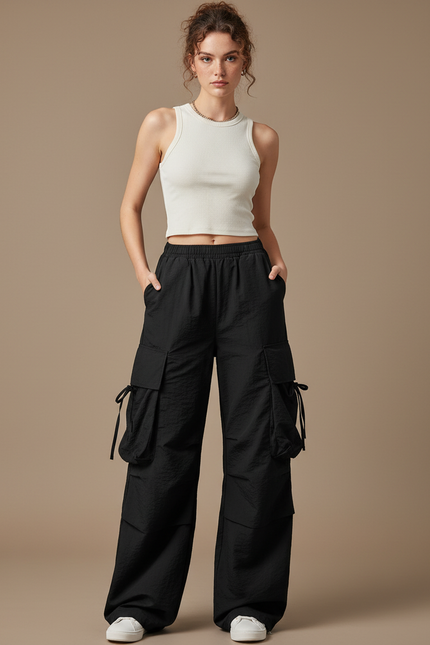 Pantalon Cargo Noir Ample Fluide Sportif Femme - Polyester
