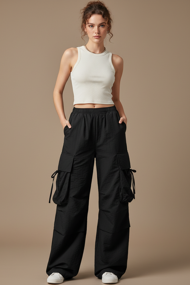 Pantalon Cargo Noir Ample Fluide Sportif Femme - Polyester