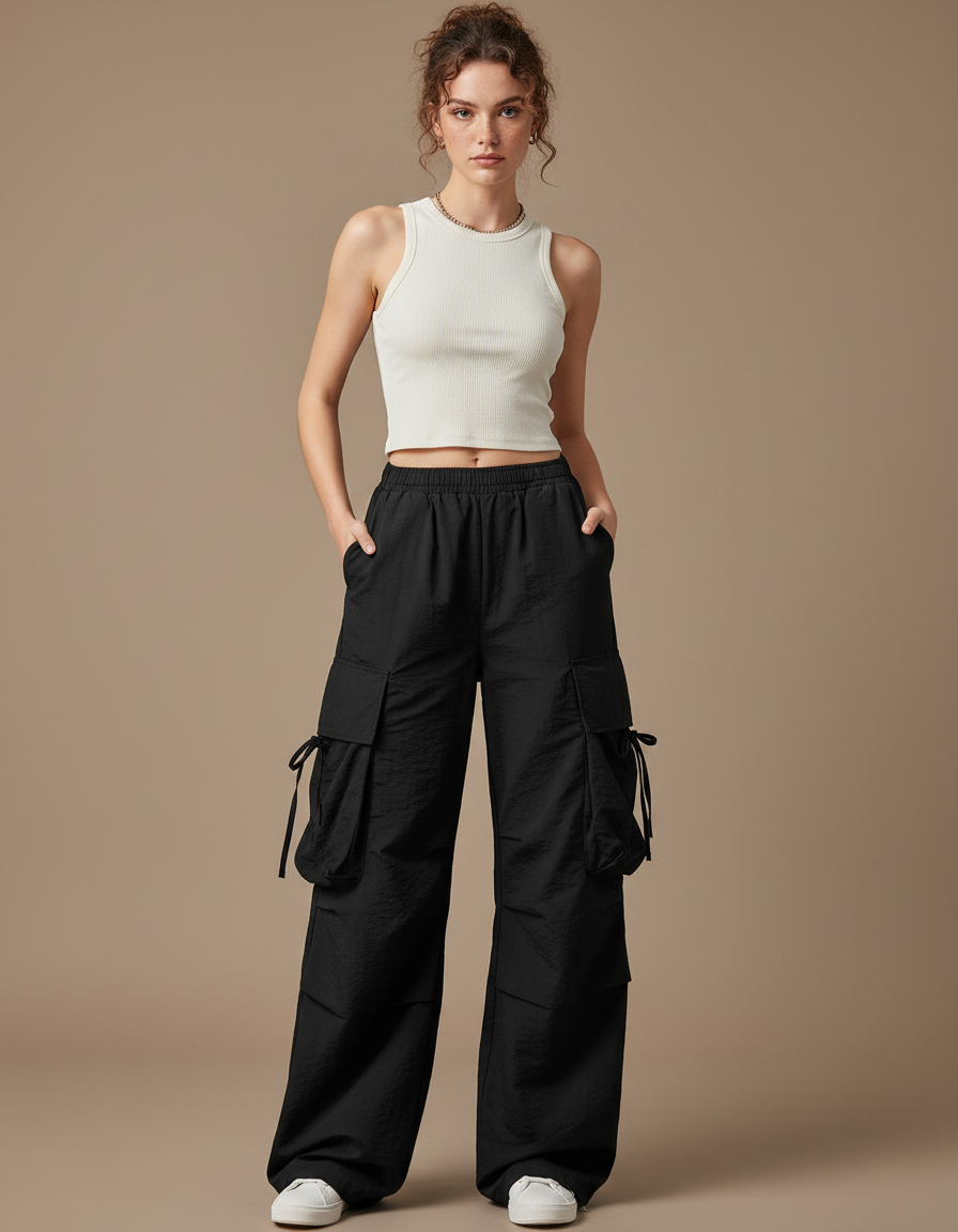 Pantalon Cargo Noir Ample Fluide Sportif Femme - Polyester