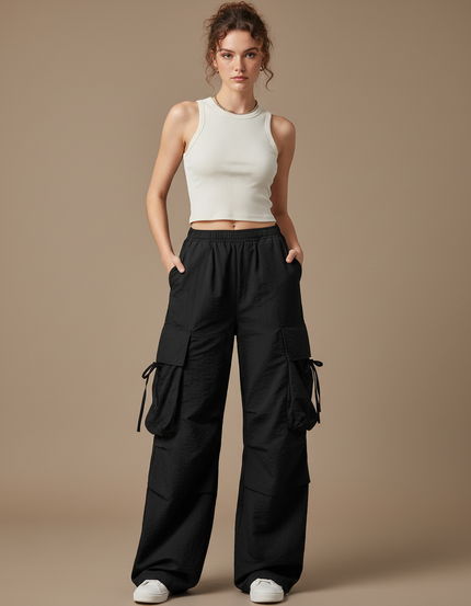 Pantalon Cargo Noir Ample Fluide Sportif Femme - Polyester