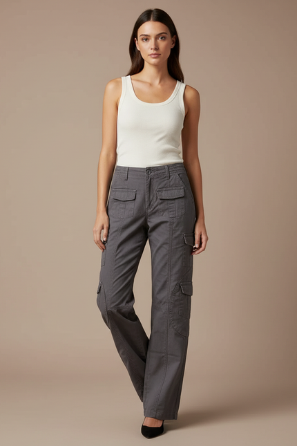 Pantalon Cargo Gris Femme Décontracté Ample Coton - Toile