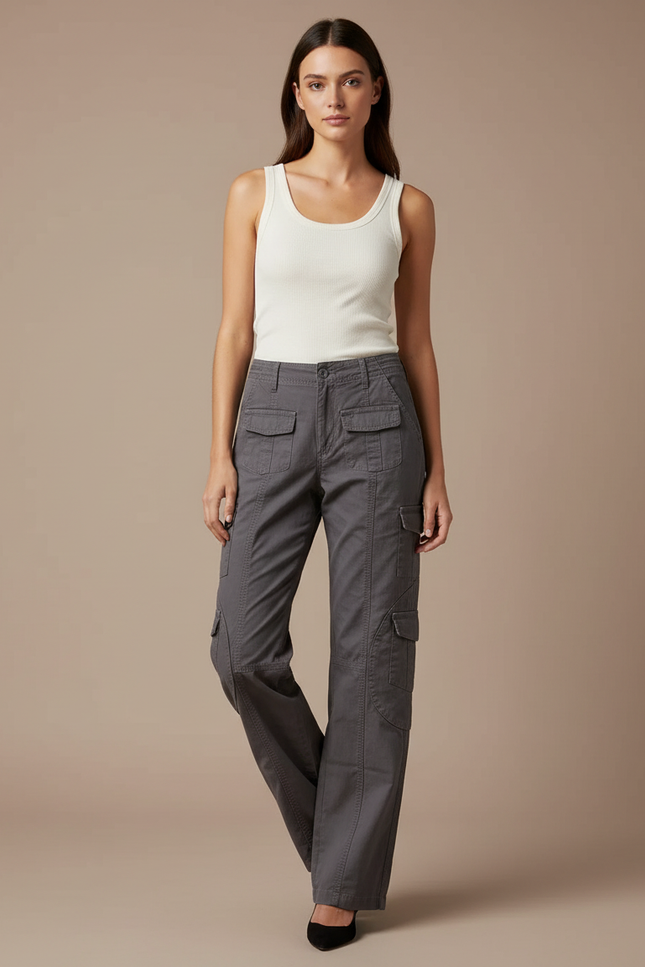 Pantalon Cargo Gris Femme Décontracté Ample Coton - Toile