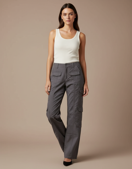 Pantalon Cargo Gris Femme Décontracté Ample Coton - Toile